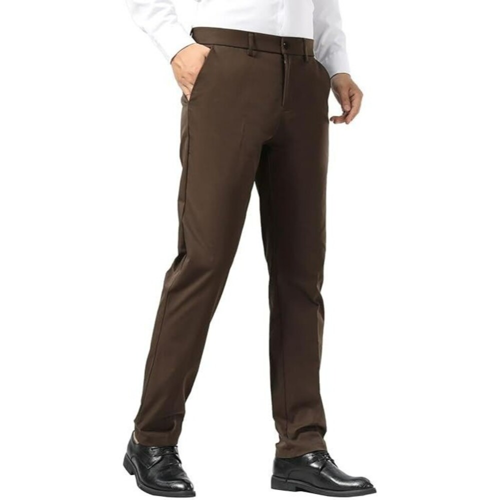 Plaid & Plain Men's Slim Fit Dress Pants 31W x 32L Stretch Brown Wrinkle Free
